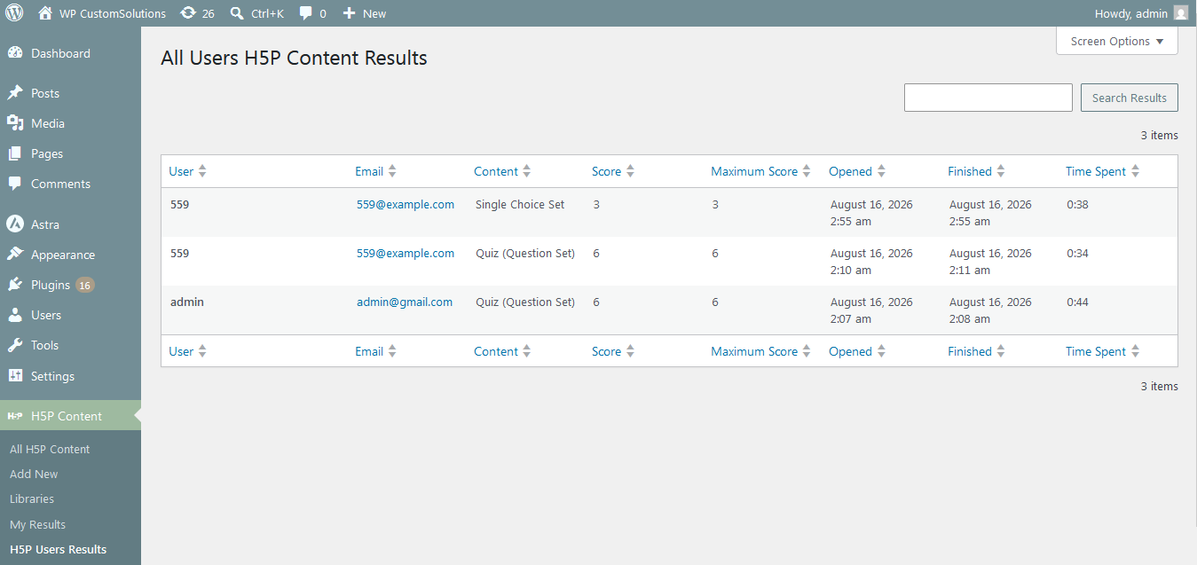 H5P Admin Results by WP Custom Solutions - Image 2